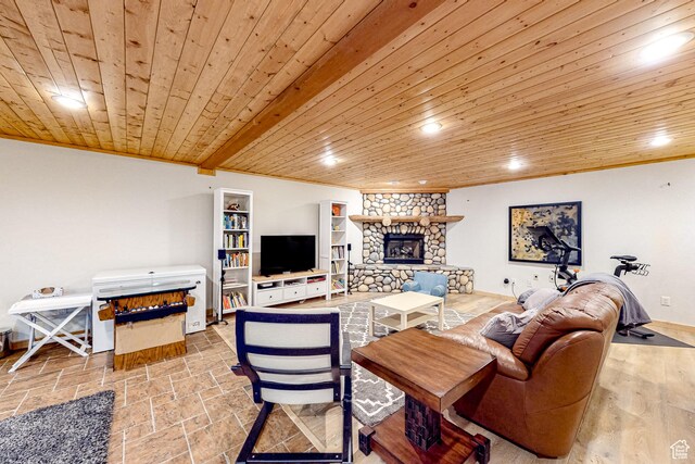 450 Crestview Dr, Summit Park, UT 84098 - living area featuring a stone fireplace, wood ceiling, recessed lighting, baseboards, and stone tile flooring