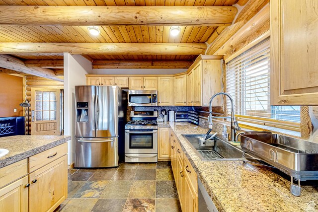 450 Crestview Dr, Summit Park, UT 84098 - kitchen with appliances with stainless steel finishes, light brown cabinets, a sink, wooden ceiling with exposed beams, and light countertops