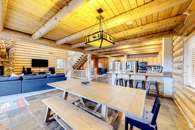 450 Crestview Dr, Summit Park, UT 84098 - dining room with wooden ceiling with exposed beams, log walls, stone tile floors, healthy amount of natural light, and stairs