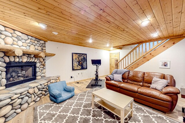 450 Crestview Dr, Summit Park, UT 84098 - living area with wood ceiling, wood finished floors, stairs, recessed lighting, and a fireplace