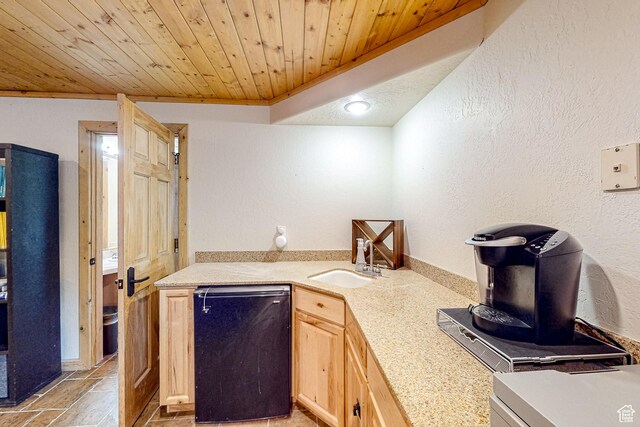 450 Crestview Dr, Summit Park, UT 84098 - kitchen featuring a sink, light countertops, wooden ceiling, light brown cabinetry, and dishwashing machine