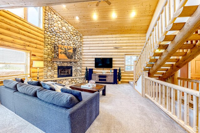450 Crestview Dr, Summit Park, UT 84098 - living area with carpet, rustic walls, healthy amount of natural light, wood ceiling, and high vaulted ceiling