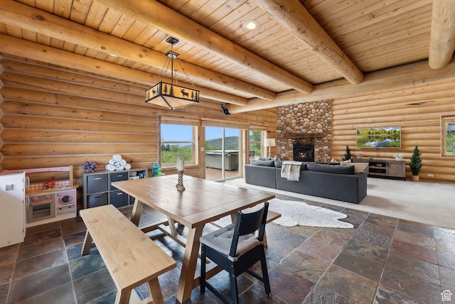 450 Crestview Dr, Summit Park, UT 84098 - dining room featuring wooden ceiling with exposed beams, stone tile flooring, rustic walls, and a stone fireplace
