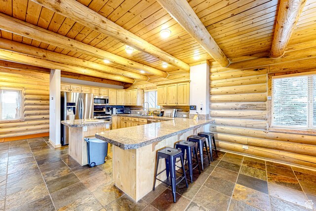 450 Crestview Dr, Summit Park, UT 84098 - kitchen featuring light brown cabinetry, a sink, stainless steel appliances, wooden ceiling with exposed beams, and a breakfast bar area