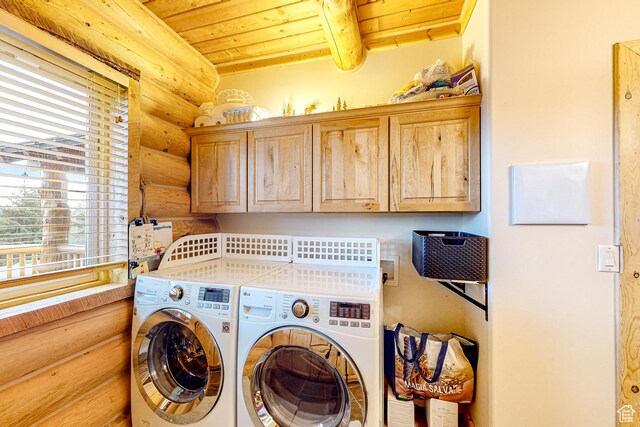 450 Crestview Dr, Summit Park, UT 84098 - washroom with rustic walls, cabinet space, wood ceiling, and washing machine and clothes dryer