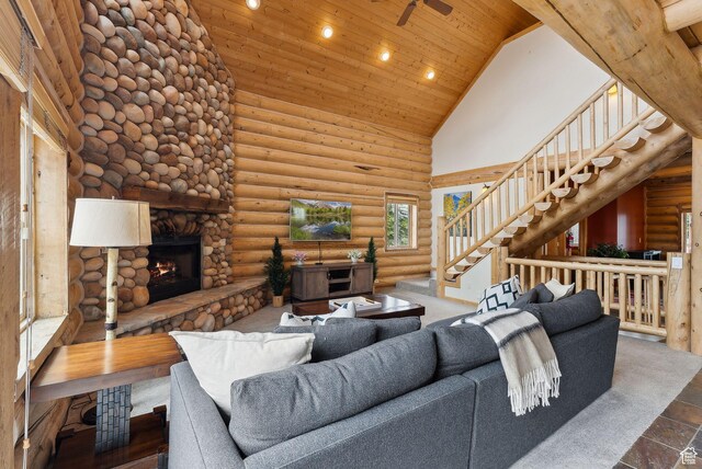 450 Crestview Dr, Summit Park, UT 84098 - living area with high vaulted ceiling, wooden ceiling, a fireplace, recessed lighting, and log walls