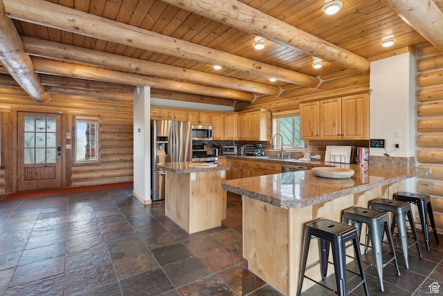 450 Crestview Dr, Summit Park, UT 84098 - kitchen with appliances with stainless steel finishes, wooden ceiling with exposed beams, a peninsula, tile countertops, and a sink