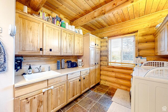 450 Crestview Dr, Summit Park, UT 84098 - washroom featuring cabinet space, washing machine and clothes dryer, log walls, wooden ceiling, and dark stone finish flooring