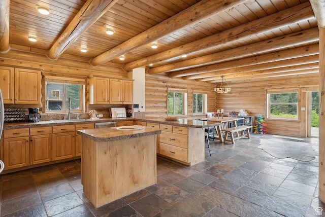450 Crestview Dr, Summit Park, UT 84098 - kitchen with a sink, a center island, a peninsula, light brown cabinetry, and wooden ceiling with exposed beams