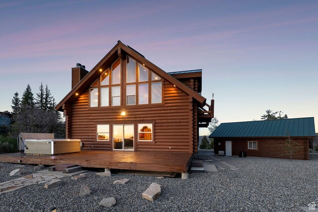 450 Crestview Dr, Summit Park, UT 84098 - back of house with log exterior, a chimney, a deck, and metal roof