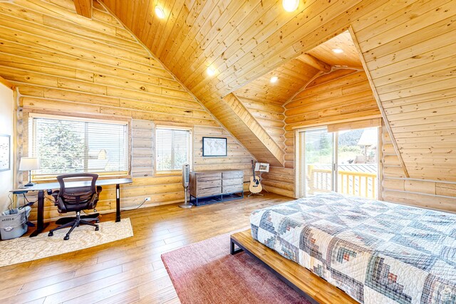 450 Crestview Dr, Summit Park, UT 84098 - bedroom with rustic walls, vaulted ceiling, wood ceiling, hardwood / wood-style floors, and a desk