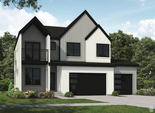 5894 N Canyon Rim Rd E Unit 621, Lehi, UT 84043 - modern farmhouse with a balcony, an attached garage, board and batten siding, a front lawn, and concrete driveway
