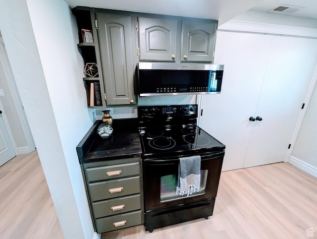 1391 E Mccormick Way, Cottonwood Heights, UT 84121 - kitchen featuring stainless steel microwave, black electric range, light wood finished floors, and gray cabinetry