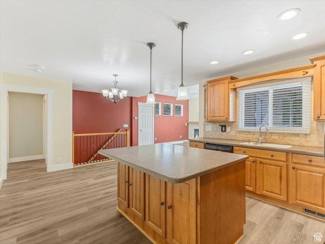 1429 E Sumac Way, Murray, UT 84121 - kitchen featuring a sink, light wood finished floors, a center island, decorative backsplash, and hanging light fixtures