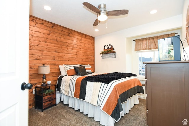 3155 S Autumn Blaze Cv W, West Valley City, UT 84128 - carpeted bedroom featuring wood walls, recessed lighting, and ceiling fan