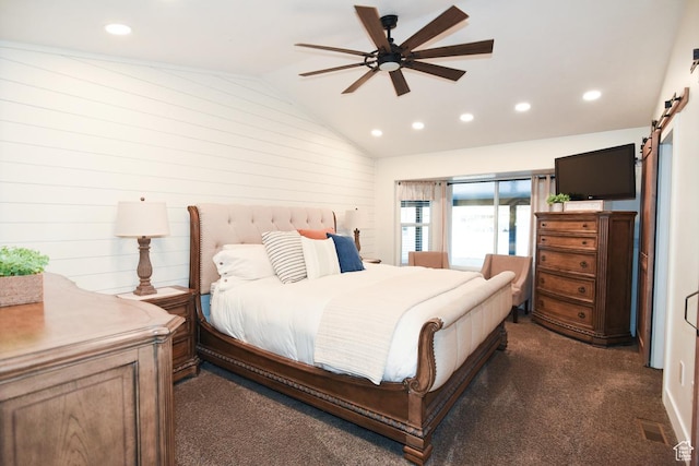 3155 S Autumn Blaze Cv W, West Valley City, UT 84128 - bedroom featuring recessed lighting, lofted ceiling, a barn door, dark carpet, and a ceiling fan