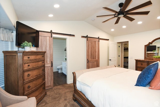 3155 S Autumn Blaze Cv W, West Valley City, UT 84128 - bedroom featuring a barn door, lofted ceiling, recessed lighting, dark carpet, and ensuite bathroom