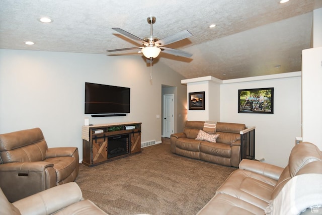 3155 S Autumn Blaze Cv W, West Valley City, UT 84128 - carpeted living area with a ceiling fan, recessed lighting, vaulted ceiling, and baseboards