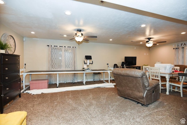 3155 S Autumn Blaze Cv W, West Valley City, UT 84128 - living room featuring a ceiling fan, carpet flooring, recessed lighting, and an office area