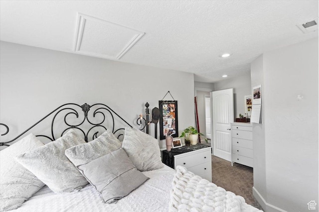 2899 W 8870 S, West Jordan, UT 84088 - bedroom with dark colored carpet, recessed lighting, attic access, and a textured ceiling