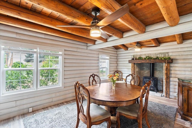 2899 W 8870 S, West Jordan, UT 84088 - dining room featuring a wood stove, log walls, ceiling fan, wood ceiling with exposed beams, and plenty of natural light