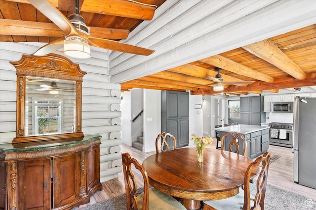 2899 W 8870 S, West Jordan, UT 84088 - dining space with a ceiling fan, wooden ceiling with exposed beams, light wood-style flooring, and stairway