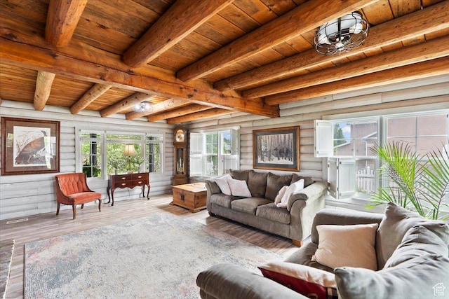 2899 W 8870 S, West Jordan, UT 84088 - living room featuring wooden ceiling with exposed beams, log walls, wood finished floors, and healthy amount of natural light