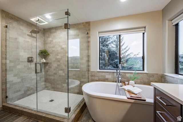 bathroom with a soaking tub, vanity, healthy amount of natural light, and tile walls