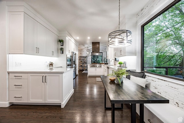 kitchen with backsplash, a peninsula, stainless steel appliances, range hood, and white cabinetry