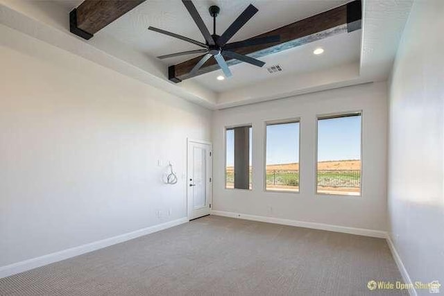3208 S Sand Stone Dr, Hurricane, UT 84737 - carpeted spare room featuring beamed ceiling, ceiling fan, baseboards, and recessed lighting
