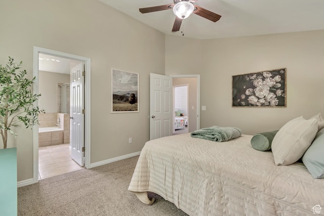 2057 W Marblewood Dr, Riverton, UT 84065 - bedroom featuring light colored carpet, baseboards, lofted ceiling, connected bathroom, and ceiling fan