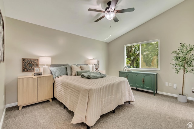 2057 W Marblewood Dr, Riverton, UT 84065 - bedroom featuring lofted ceiling, light colored carpet, baseboards, and a ceiling fan