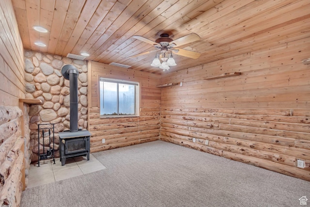 2057 W Marblewood Dr, Riverton, UT 84065 - unfurnished living room with a wood stove, wooden ceiling, carpet floors, recessed lighting, and ceiling fan