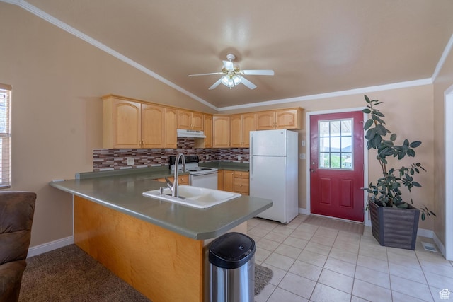 328 Hillcrest Cir, Central, UT 84722 - kitchen featuring white appliances, lofted ceiling, a peninsula, tasteful backsplash, and ceiling fan