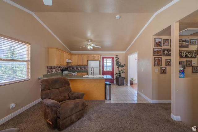 328 Hillcrest Cir, Central, UT 84722 - kitchen featuring electric range, a ceiling fan, light brown cabinetry, a sink, and light colored carpet