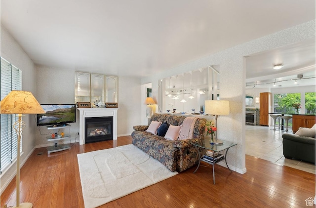 635 E Pioneer Ave S, Sandy, UT 84070 - living area featuring a glass covered fireplace, wood finished floors, and baseboards