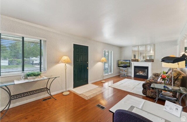 635 E Pioneer Ave S, Sandy, UT 84070 - living area featuring wood finished floors, a warm lit fireplace, and baseboards