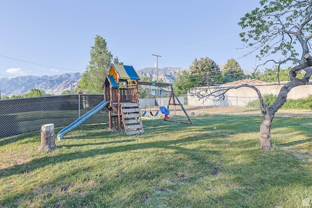 view of play area featuring a mountain view