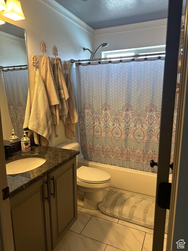 1783 E 2000 S, Naples, UT 84078 - bathroom with vanity, shower / bathtub combination with curtain, toilet, marble finish floors, and crown molding