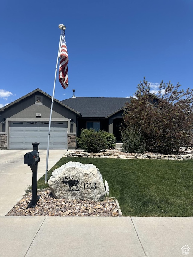 1783 E 2000 S, Naples, UT 84078 - ranch-style home with driveway, a front lawn, a garage, and stone siding