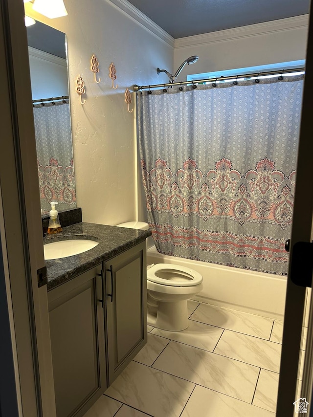 1783 E 2000 S, Naples, UT 84078 - full bathroom with crown molding, shower / tub combo, vanity, marble look tiles, and toilet
