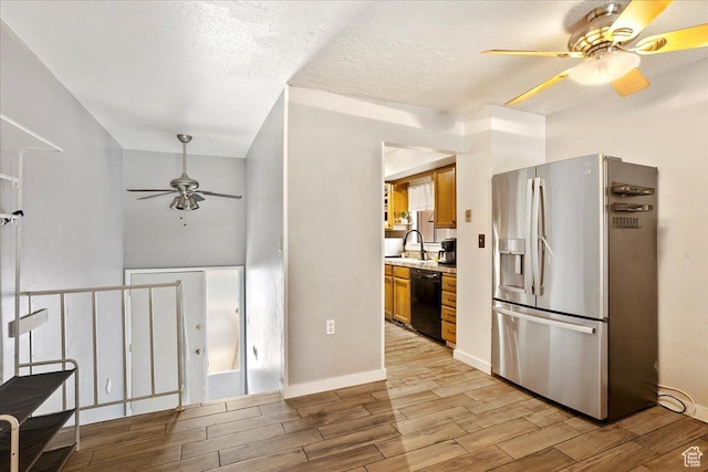 5667 S Aspen Ct E, South Ogden, UT 84403 - kitchen with stainless steel fridge with ice dispenser, ceiling fan, black dishwasher, light wood finished floors, and light countertops