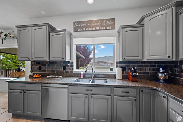 667 W Aspen Hills Blvd N, Saratoga Springs, UT 84045 - kitchen featuring dishwasher, a sink, gray cabinetry, decorative backsplash, and dark stone countertops
