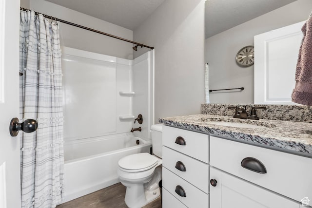 7886 N Bridleway Rd, Eagle Mountain, UT 84005 - bathroom featuring toilet, wood finished floors, shower / tub combo with curtain, and vanity