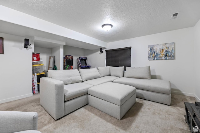7886 N Bridleway Rd, Eagle Mountain, UT 84005 - living area featuring a textured ceiling, light colored carpet, and baseboards