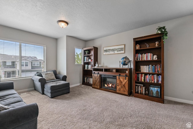 7886 N Bridleway Rd, Eagle Mountain, UT 84005 - carpeted living room with baseboards, a glass covered fireplace, and a textured ceiling