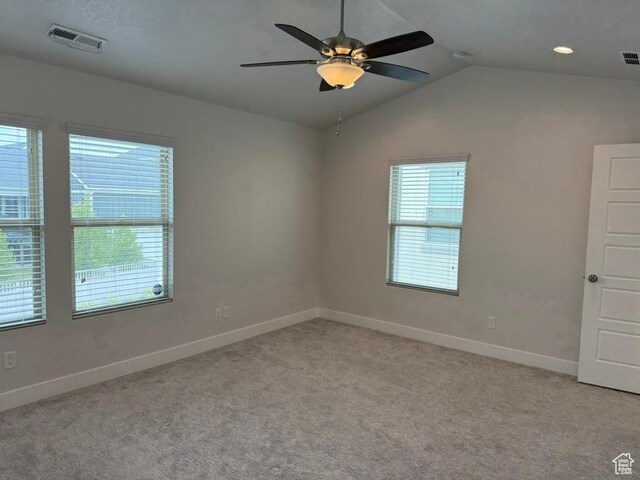 6396 W Sugarcane Dr W Unit 345, South Jordan, UT 84009 - unfurnished room with baseboards, a ceiling fan, light carpet, vaulted ceiling, and recessed lighting