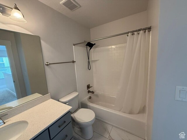 6396 W Sugarcane Dr W Unit 345, South Jordan, UT 84009 - full bath featuring toilet, shower / bathtub combination with curtain, vanity, and marble look tile flooring