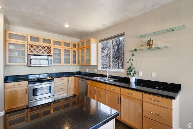 442 E Brew Rd, Draper, UT 84020 - kitchen featuring stainless steel appliances, a sink, glass insert cabinets, recessed lighting, and tile countertops