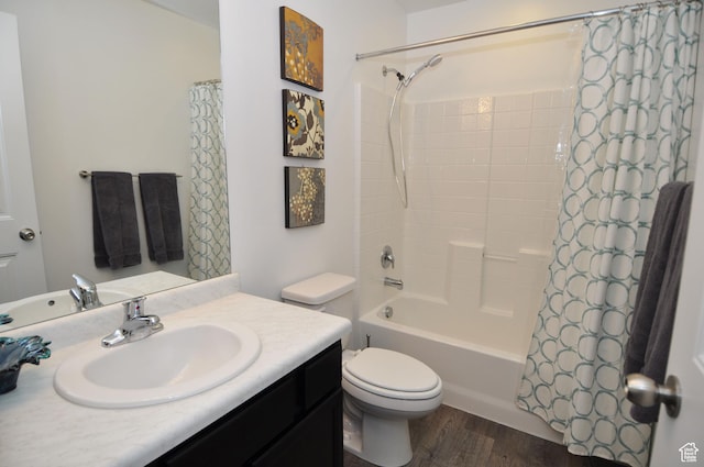 5213 W Courtly Ln, Herriman, UT 84096 - bathroom featuring vanity, shower / bath combo with shower curtain, toilet, and wood finished floors